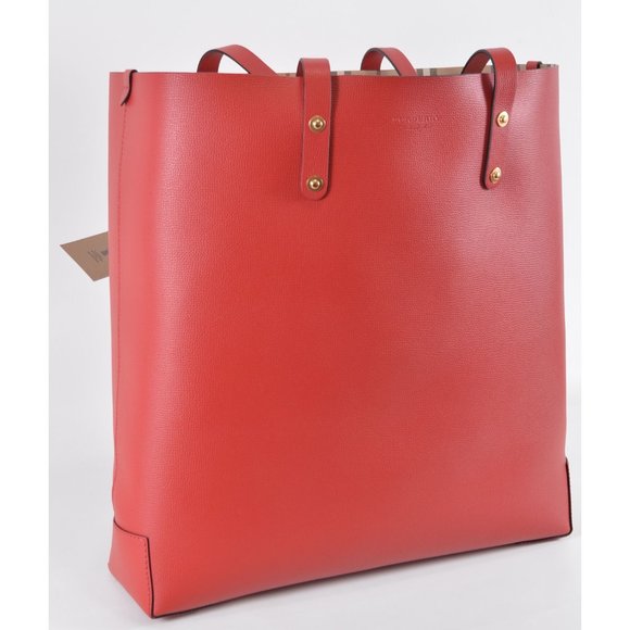 New Burberry Rust Red XL Grainy Leather Haymarket Check Tote Purse Bag - Picture 1 of 11